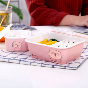 Divided Lunch Box Ceramic Multi-Functional Japanese Lunch Box Microwave Oven Office Worker Large Capacity Fat-Reducing Lunch Box with Lid