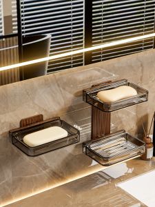 Double Layer Drain Wall-Mounted Soap Holder Water-Resistant Installation Wooden Style