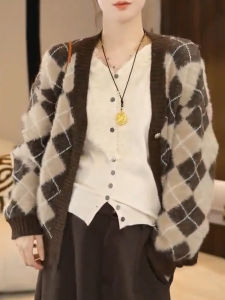 QINGNAER | Plaid Print Oversized Womens Knit Cardigan
