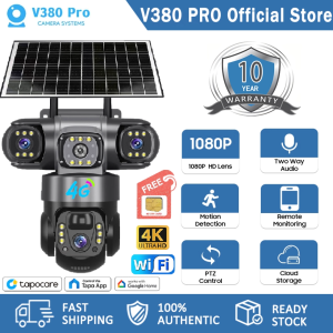 V380 PRO Solar 4G CCTV Camera No WIFI Needed Three Lens Outdoor Waterproof HD Surveillance Built-in Battery Infrared night vision two-way audio remote monitoring camera Free SIM Card
