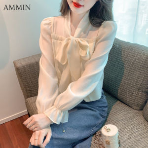 AMMIN 2023 Spring and Autumn new V-neck with bow drawstring design long-sleeved chiffon blouse Womens Korean version style sweet trumpet sleeve short style elegant commuting blouse