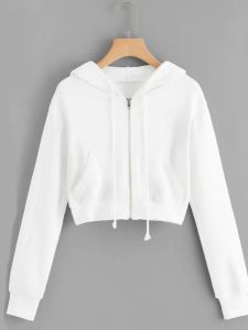 Áo Nỉ Có Mũ Ngắn Màu Trơn Áo Khoác Ngoài Thường Ngày Cho Nữ Mùa Xuân 2025 Áo Khoác Ngoài Dài Tay Có Khóa Kéo