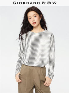 Giordano Long Sleeve Pure Cotton Striped Womens T-shirt Overhead Knitted Soft Comfortable Daily Wear Korean Style Autumn Season