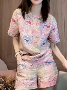 New Chinese Style Womens Pink Shorts Set Summer 2024 Fashion High-End Two-Piece Suit Casual Sportswear Polyester Fiber
