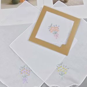 3 PCS Thin Pure White Cotton Embroidered Lace Handkerchiefs Gift Box 28cm/11in for Wedding & Home Decor