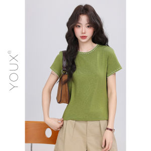 YOUXIANG | Áo Thun Đèn Cổ Voan Màu Xanh Dopamine