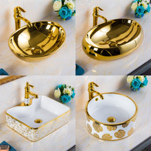 Elegant Gold Trim Table Mounted Bathroom Ceramic Sink