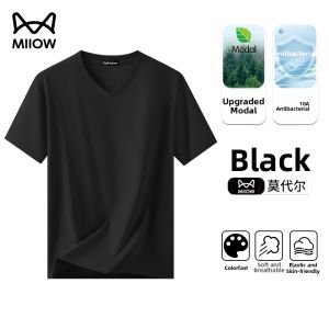 miiow | Mens V-Neck Ice Silk Cool Feeling Modal Short Sleeve T-Shirt Double-Sided Antibacterial Cat Person New Summer 2025 Loose Fit