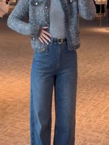 Retro Blue Denim High Waist Wide Leg Womens Loose Fit Straight Cut Slimming Jeans Casual Long Pants Autumn Fashion plus Size