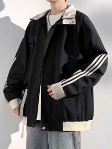Mens Spring Autumn 2024 New Fashion Loose Stand Collar Baseball Jacket Striped Sports Windbreaker Casual Outerwear