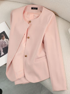 Pink Peplum Jacket Womens Spring Autumn Short Elegant Ladylike High-End Feel Small Size Suit Top Commute Style Button Detail