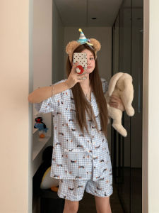 Cute Cartoon Dog Ice Silk Summer Sleepwear Short Sleeve Lightweight Comfortable Loose Womens Home Clothes Pajamas Set
