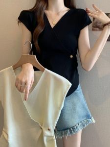 Áo Len Dệt Kim Mùa Hè Cổ Chữ V Tay Ngắn Phong Cách Hàn Quốc Cho Nữ Áo Vest Ngắn Thiết Kế Đơn Giản Thanh Lịch