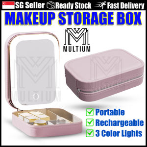 Makeup Storage Box Pink with 3 Color Lights Portable Rechargeable HD Mirror Touch Screen Button Compartment Storage Smooth Zipper Design