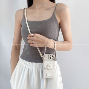 New Ins Cartoon 3D Bear Label Phone Case for iPhone 15 pro Max 16 pro Crossbody Women Full Cover Card Insertable Soft Silicone