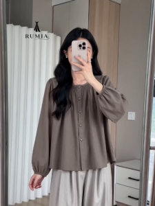 RUMIA Women Korean Style Loose Fit Long Sleeve Blouse Round Neck Pleated Design Button Front Casual Top Muslim Fashion Elegant Daily Wear Shirt Ready stock Baju wanita