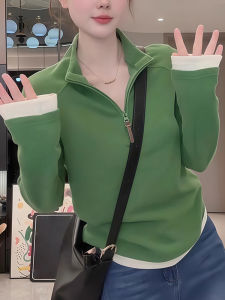 Color Block Long Sleeve T-Shirt Womens Spring Autumn New Simple Design Sense Inner Match Base Shirt Top Zipper Half Unzipped