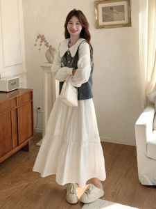 ชุดเดรสแขนยาวสีขาวคอตุ๊กตา ชุดยีนส์สองชิ้น สำหรับผู้หญิงในฤดูใบไม้ร่วง ชุดทำงาน แฟชั่นฤดูใบไม้ร่วง ชุดเดรสกระโปรงทรงเอ