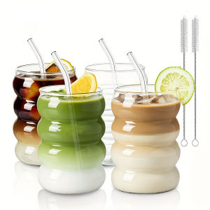 แก้วกาแฟแก้วบอโรซิลิเกตสูง 2 ใบ ขนาด 350 มล./11.8 ออนซ์ พร้อมหลอดและแปรงทำความสะอาด ดีไซน์ลายคลื่นวินเทจ ภาชนะใสสำหรับเครื่องดื่ม