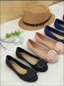 Women Bow Decor Jelly Flat Shoes Waterproof Non‑Slip Soft Sole Daily Casual Slip‑on Shoes