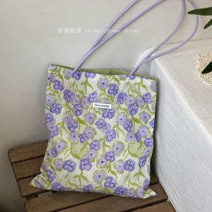 กระเป๋าสะพายไหล่ลายดอกเดซี่สีม่วง กระเป๋าถือสไตล์วันหยุดในฝรั่งเศส สายสะพาย PU กระเป๋าผ้าใบแฟชั่นสำหรับเยาวชน กระเป๋าถือแบบเปิด