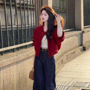 2024 New Red Loose Versatile Sweatshirt Jacket Women Early Autumn Short Baseball Jacket Top Open Cardigan Korean Style