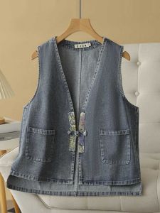 Loose Fit Sleeveless Bohemian Style Womens Jacket Large Size Vintage Versatile Cotton Denim Tank Top Coat for Autumn Season