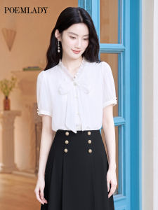 POEMLADY | V-neck Puff Sleeve Bow Design Chiffon Shirt