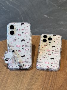 Sanrio | Rock Star Hello Kitty Clear Phone Case For iPhone14 15 16 Bow Heart Music Note Print Detachable Kitty Bow Pendant Lanyard