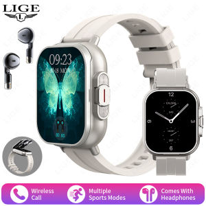 LIGE | New NFC Smart Watch Men TWS 2in1 Smartwatch with Earbuds Heart Rate Monitor Bluetooth Call Music Wireless Earphones Sports Clock