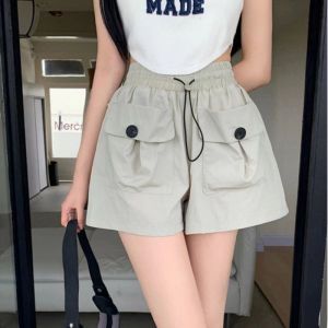 S-4XL Wanita Celana Pendek Pinggang Hight Polos Kasual Cargo Celana A-line