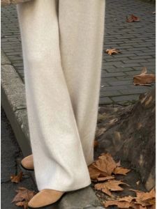 Soft Woolen Knitted Wide Leg Pants Autumn Winter Womens Fashion Bear Fur Lined Khaki Trousers Draping Cashmere Pants