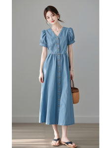 ชุดเดรสยาวคอวีสีน้ำเงินสไตล์ฝรั่งเศส ทรงเอเข้ารูป กระโปรงทรงเอ แขนสั้น ผ้าโพลีเอสเตอร์ ชุดทำงานฤดูร้อนสำหรับผู้หญิง