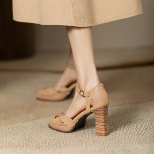 Summer French Style Chunky Heel High Heel Platform Closed Toe Sandals Women Apricot Small One-Strap Buckle Hollow-out Gladiator Sandals