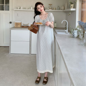 Summer New Loose Maternity Dress Womens Gentle Style Striped Skirt Korean Version Daily Wear Short Sleeve Midi Dress