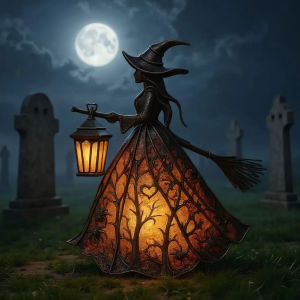 Halloween Witch Lantern LED Night Light Resin Statue Gothic Home Decor with Broom for Spooky Party