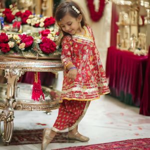 Kids Punjabi Suit With Dhoti Pants Floral Gold Lace Themes For Baby Girls And Kids Cotton