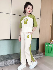 ชุดสองชิ้นฤดูร้อนสำหรับเด็กผู้หญิง คอกลมแขนสั้น กางเกงขายาวลำลอง ชุดกีฬา แฟชั่น เสื้อผ้าเด็กผู้หญิง ผ้าฝ้าย ความยาวปกติ