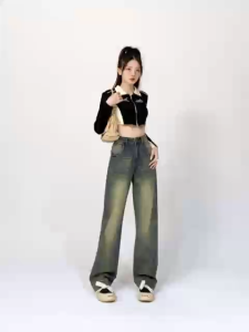 Sun Kissed #2008 กางเกงยีนแฟชั่นผู้หญิง กางเกงยีนส์ กาเกงยืน ยีนส์ขายาวเอวสูง สายฝอ กางเกงยีนสีฟอกสนิม ทรงขากระบอก เอวสูง