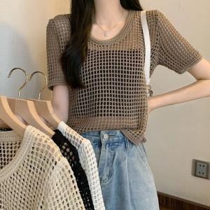 2026 New Hollow Top Women Short Sleeve  Lce Silk Coverup Sunscreen Knitted Cardigan Thin Loose Cute Style Design Knitted Crochet Top Korean Version Fashion Short Hollow  knitwear Bikini Cover Up Swimsuit Over Size Beach Wear