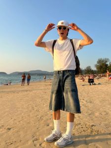 Quần Short Denim Nam Phong Cách Retro Mùa Hè Mới Quần Dài Đến Mắt Cá Chân Rộng Rãi Thường Ngày Thoải Mái Thoáng Khí