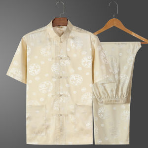 Áo Sơ Mi Tay Ngắn Ice Silk Thường Ngày Cho Nam Trung Niên Và Người Cao Tuổi Bộ Đồ Hanfu Mùa Hè Áo Sơ Mi Thường Ngày Cho Bố Và Ông