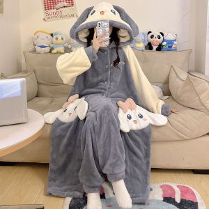 Thick Coral Fleece Long Sleepwear Womens Winter Home Clothes Set with Hat Cute Penguin Pattern Polyester Fiber Cartoon Style