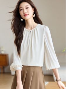Ole Big Sale Light National Style Buckle Chiffon Shirt Womens Autumn Classy Work Clothing Lantern Sleeve White Shirt Elegant Tops