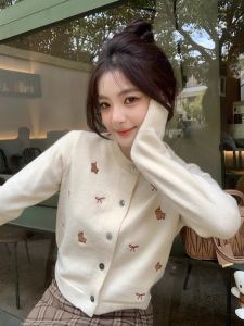 Dễ Thương Nút Thắt Bướm Ngắn Thêu Áo Len Dệt Kim Áo Khoác Dành Cho Nữ Thoải Mái Đa Năng Thiết Kế Mùa Thu Mùa Đông Áo Khoác Ngoài Thời Trang