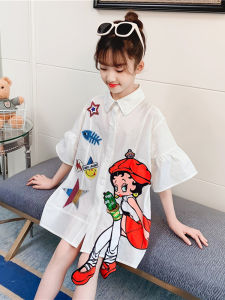 Girls Summer Cotton Dress Short Sleeve Princess Skirt Childrens Clothing Korean Style Cartoon Print A-Line Skirt for Ages 4-14