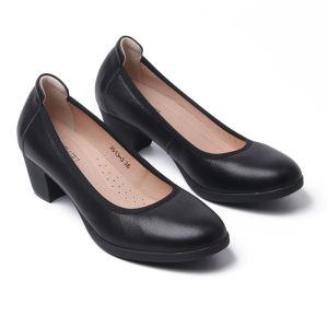 Comfortable Full Leather Work Shoes with Thick Heels round Head Design Non-Slip Rubber Sole for Air Stewardess And Commuting