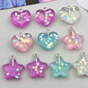 10 Chiếc Nhựa Lấp Lánh Kim Sa Lấp Lánh Quyến Rũ Trái Tim Nhỏ & Ngôi Sao Bông Tai Móc Khóa DIY Phụ Kiện Trong Suốt Mô Phỏng Thời Trang Quyến Rũ