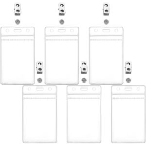 6 Pack Vertical ID Card Badge Holder Clear and Metal Clips Waterproof Vertical ID Badge Clear PVC Card Holder with Clip Straps