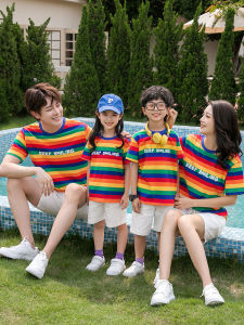 Summer Family Matching Short Sleeve T-Shirt Set Mother Daughter Son Father Kids Clothing Cotton Stripe Pattern Casual Style